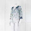 DVF White Blue Floral Print Silk Top