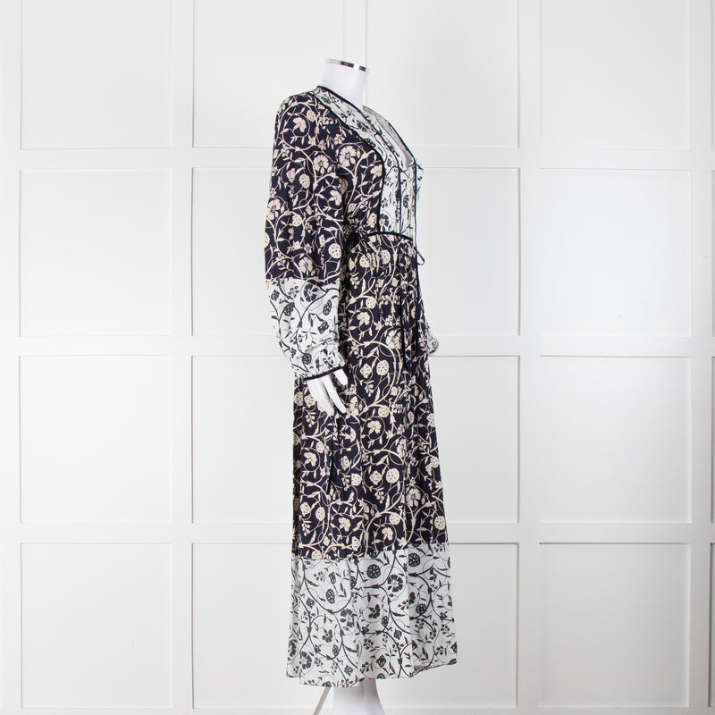 Beulah London Navy White Floral Neck Tie Long Dress