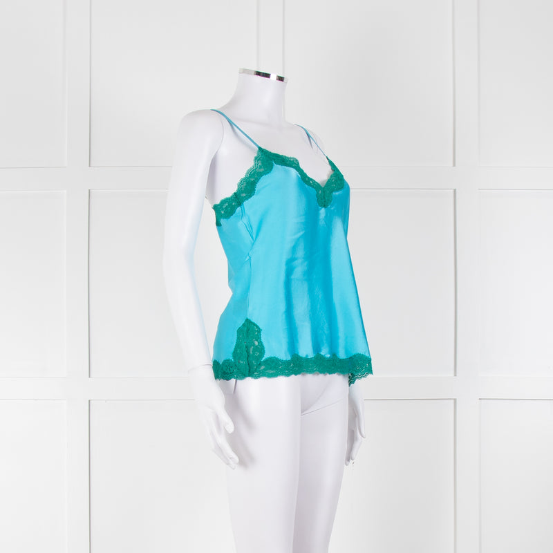 Vannina Vesperini Turquoise Blue Silk Jade Lace Trim Camisole