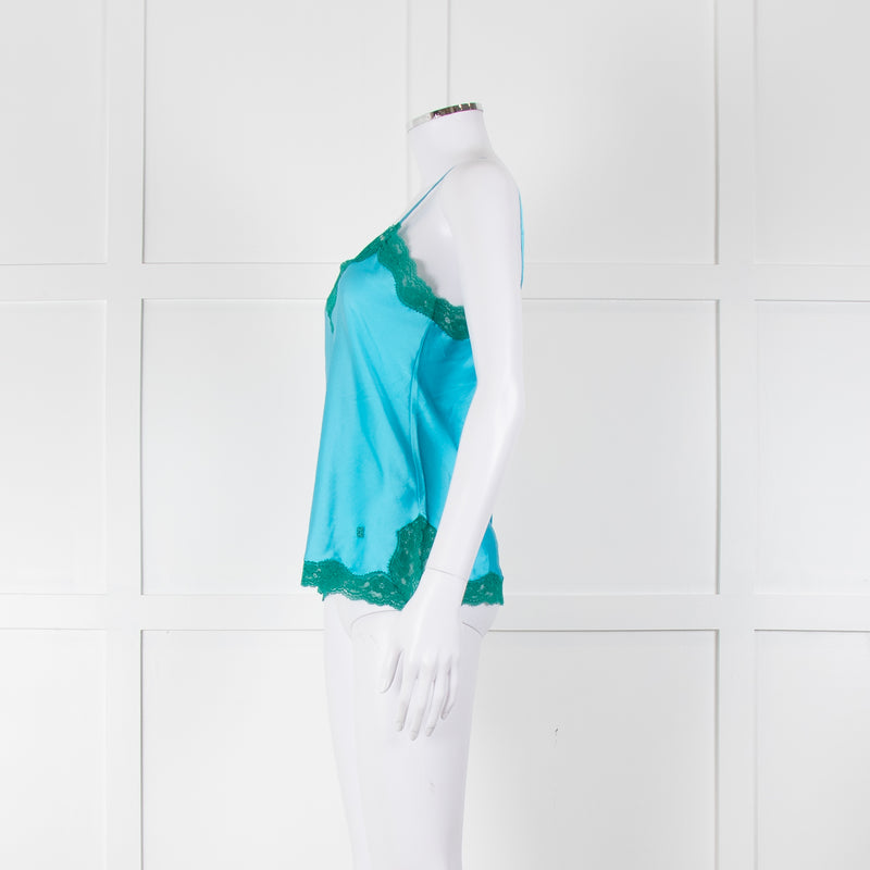 Vannina Vesperini Turquoise Blue Silk Jade Lace Trim Camisole