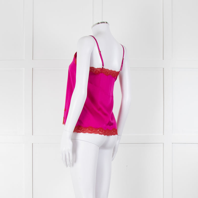 Vannina Vesperini Fushia Pink Silk Red Lace Trim  Camisole