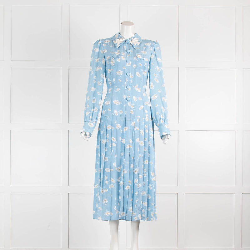 Alessandra Rich Skye Blue Daisy Print Pleated Long Sleeve Dress