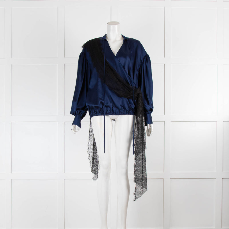 Romance Was Born Blue Drawstring Blouse With Black lace Trim