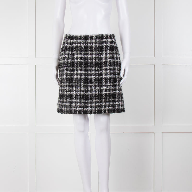 Alessandra Rich Black White Silver Lurex Tweedy Wool Blend Mini Skirt