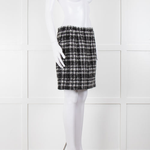 Alessandra Rich Black White Silver Lurex Tweedy Wool Blend Mini Skirt