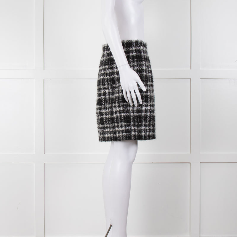 Alessandra Rich Black White Silver Lurex Tweedy Wool Blend Mini Skirt