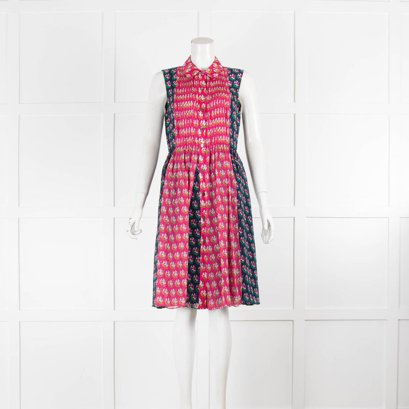 DVF Pink Navy Green Floral Sleeveless Front Button Dress