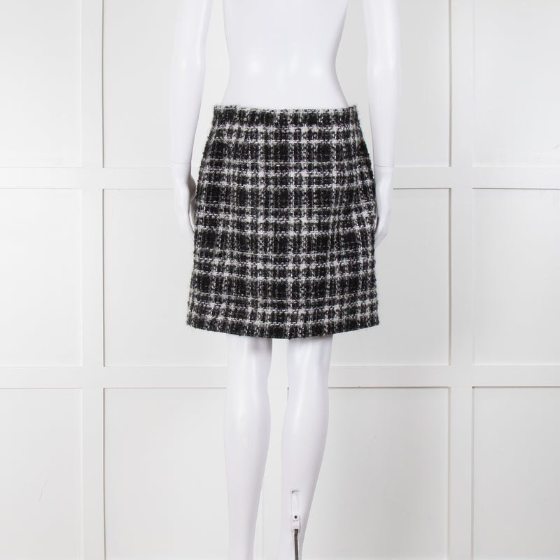 Alessandra Rich Black White Silver Lurex Tweedy Wool Blend Mini Skirt