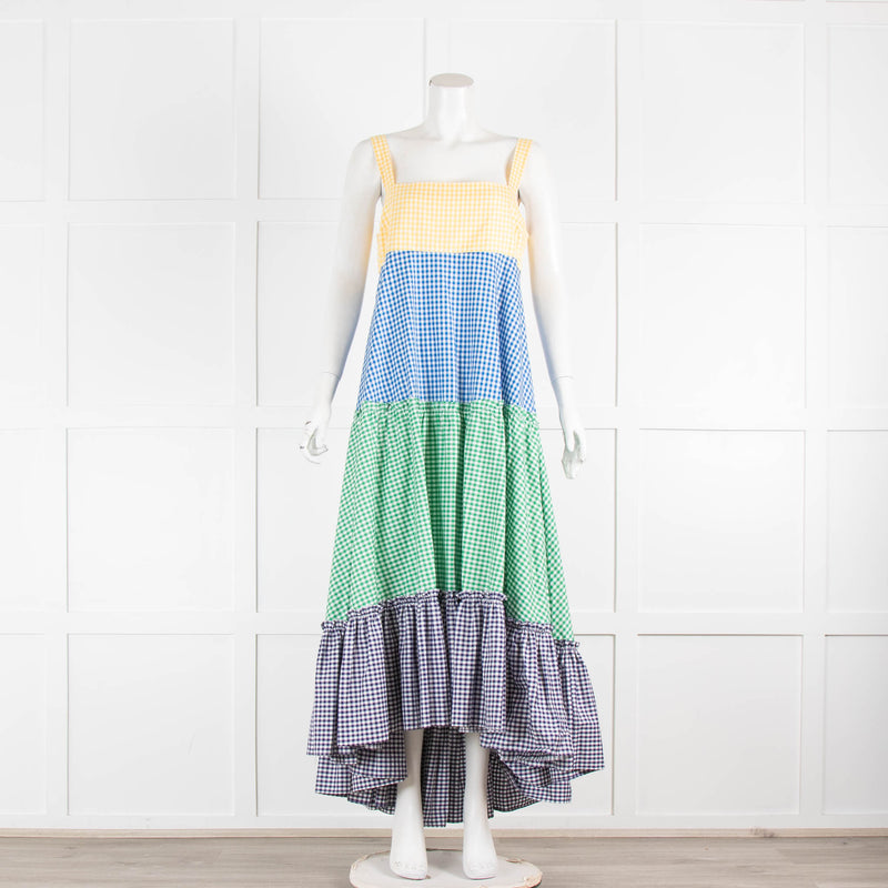 MDS Stripes Yellow Blue Green Gingham Tiered Maxi Dress