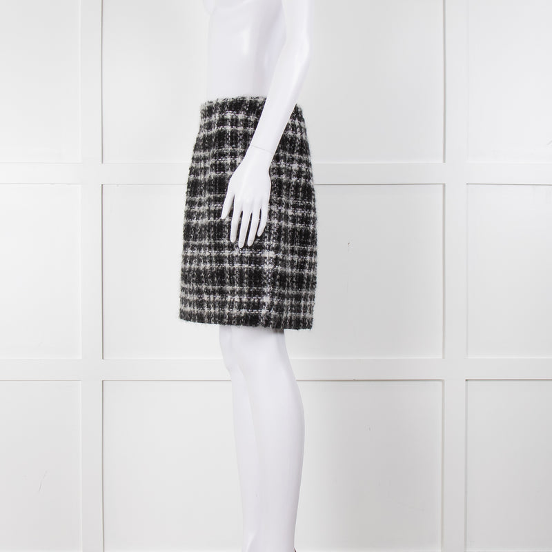 Alessandra Rich Black White Silver Lurex Tweedy Wool Blend Mini Skirt