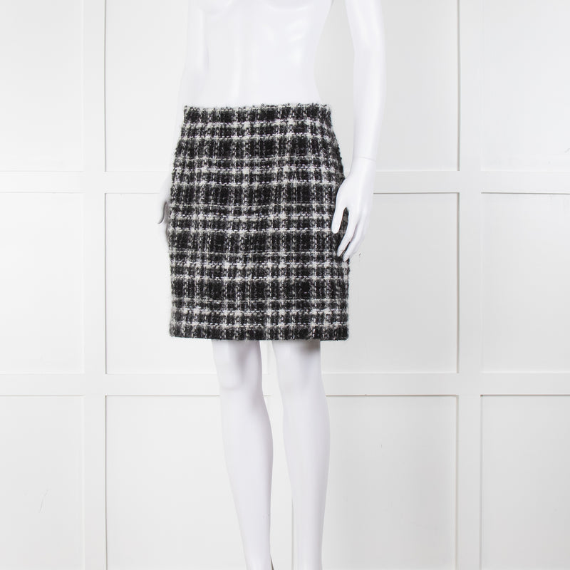 Alessandra Rich Black White Silver Lurex Tweedy Wool Blend Mini Skirt