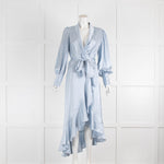 Zimmermann Light Blue Silk Wrap Around Balloon Sleeve Dress