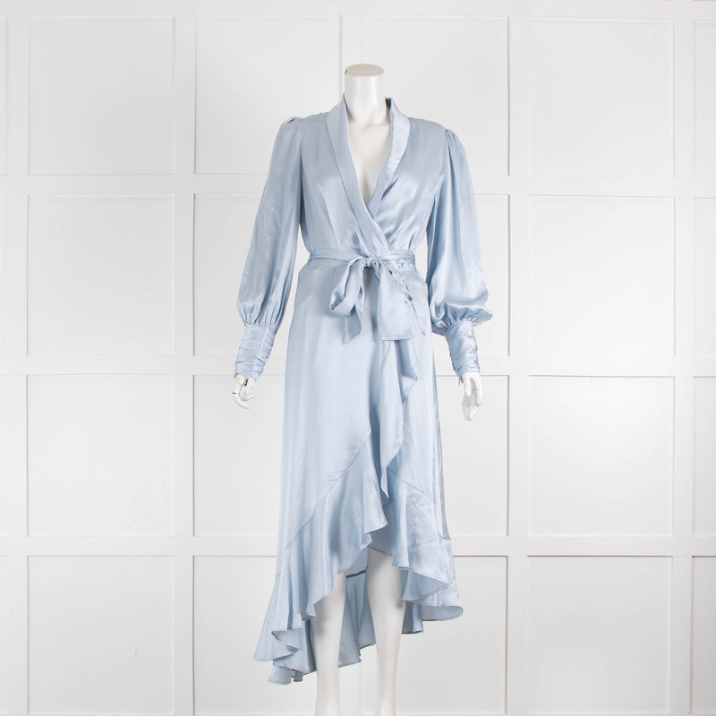 Zimmermann Light Blue Silk Wrap Around Balloon Sleeve Dress