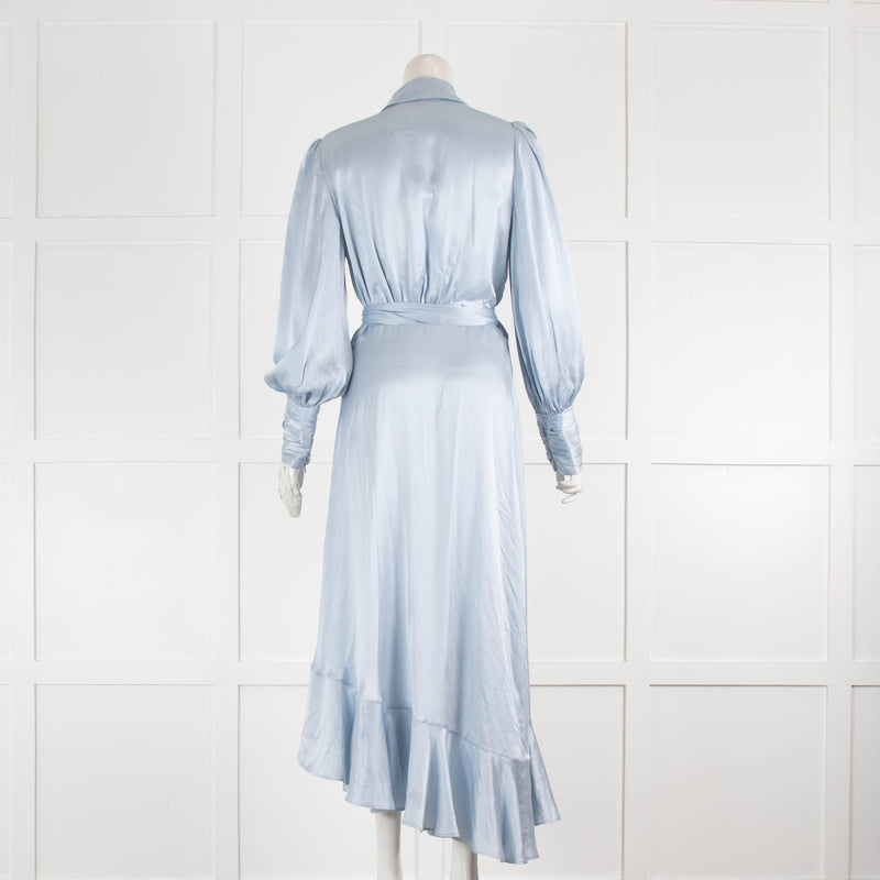 Zimmermann Light Blue Silk Wrap Around Balloon Sleeve Dress