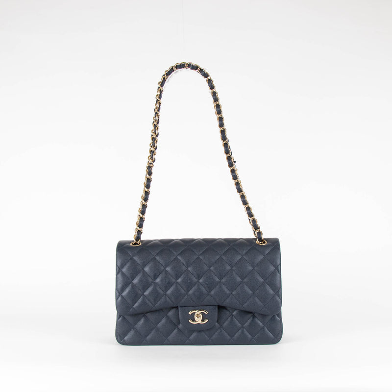 Chanel Navy Caviar Leather Large Double Flap Pale Gold Hardware