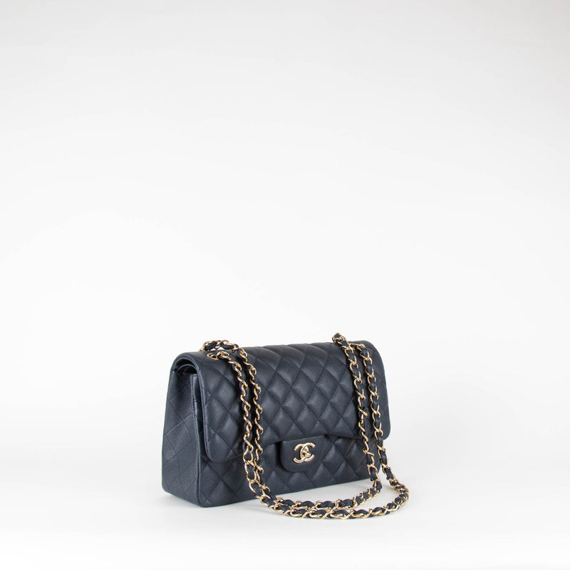 Chanel Navy Caviar Leather Large Double Flap Pale Gold Hardware