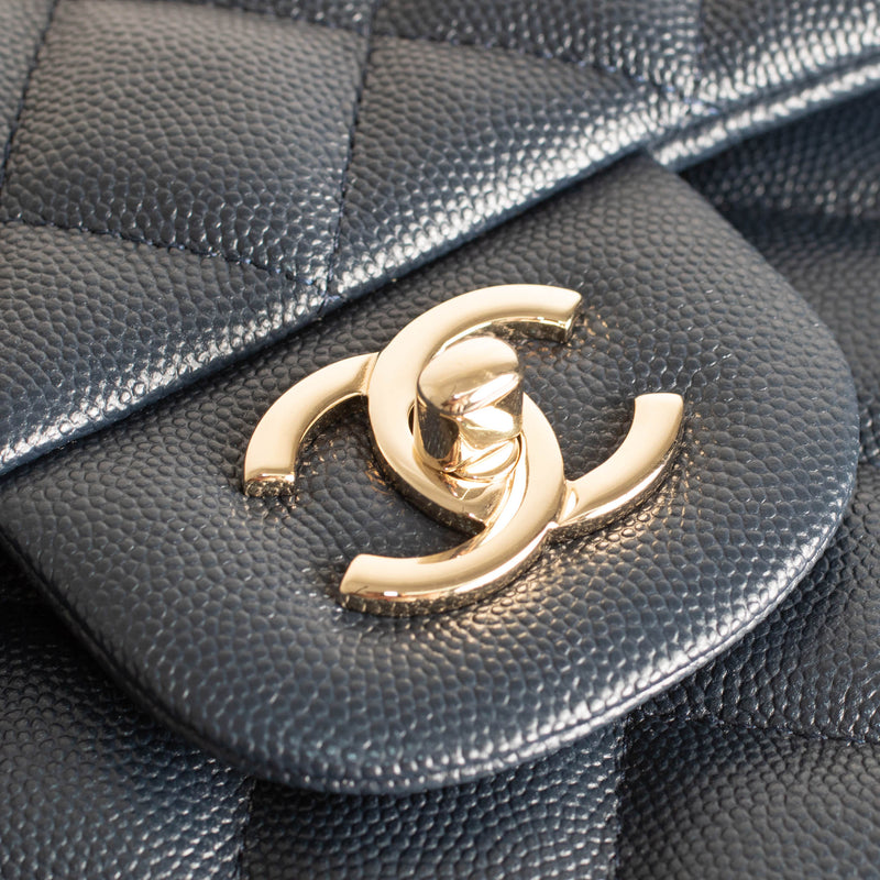 Chanel Navy Caviar Leather Large Double Flap Pale Gold Hardware