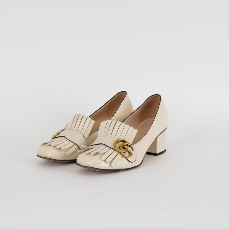 Gucci Cream GG Marmont Fringed Loafer Heels