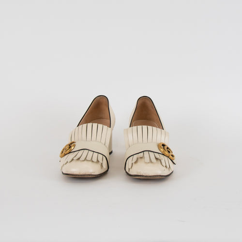 Gucci Cream GG Marmont Fringed Loafer Heels