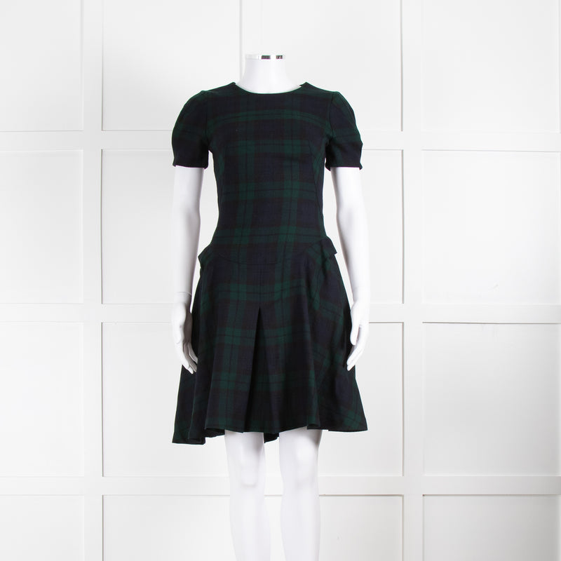 McQ Alexander McQueen Blue/Green Check Pleated Short Sleeve Dress