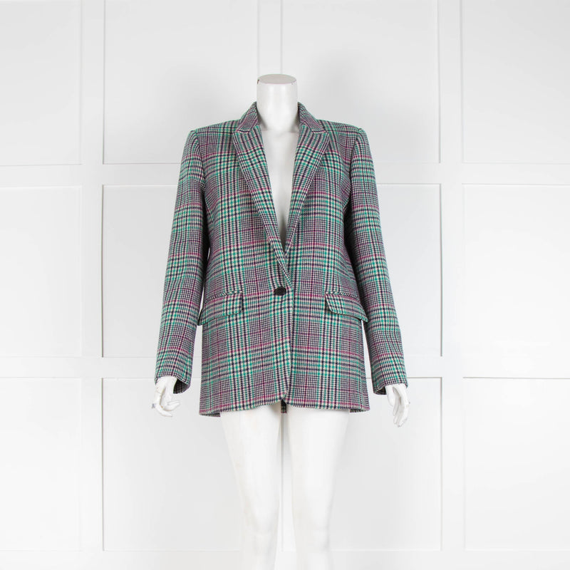 Sandro Green Pink Check Wool Blend Long Blazer