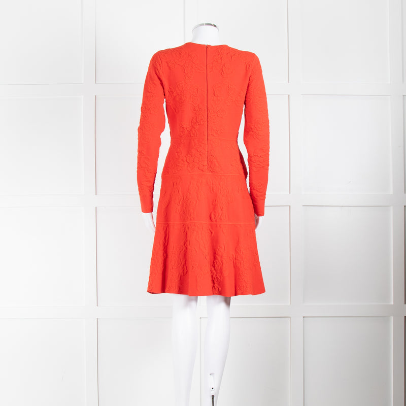 Lela Rose Red Long Sleeve Tiered Embossed Dress