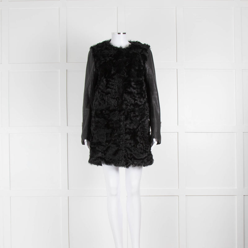 Maje Black Lamb Fur Leather Sleeve Coat