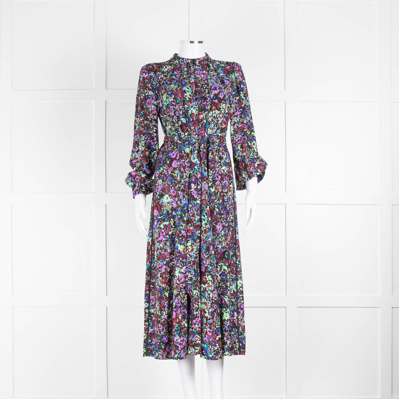 Me + Em Black Purple Floral Long Sleeve Belted Midi Dress