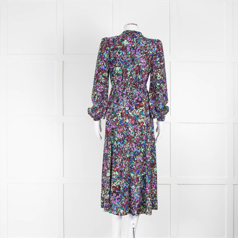 Me + Em Black Purple Floral Long Sleeve Belted Midi Dress