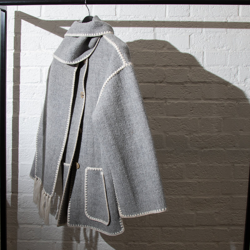 Toteme Grey Blanket Stitch Trim Draped Coat