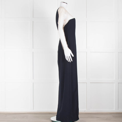 Galvan Navy Full Length Gown with Sheer Angel Wing Embroidery on shoulders