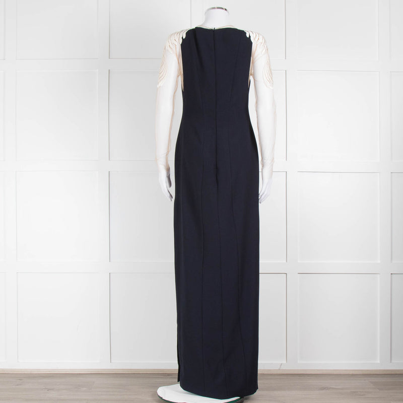 Galvan Navy Full Length Gown with Sheer Angel Wing Embroidery on shoulders