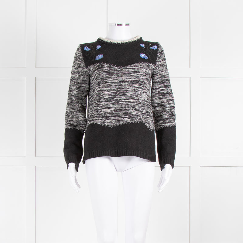 Fay Black White Blue Flower Detail Wool Sweater