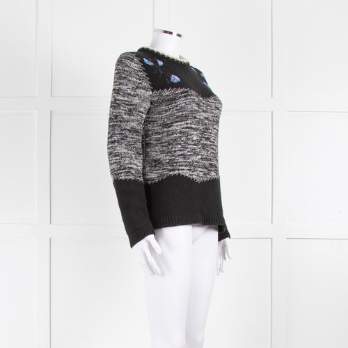 Fay Black White Blue Flower Detail Wool Sweater