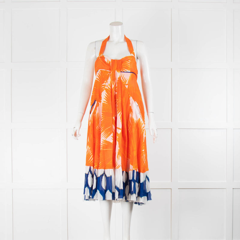 DVF White Orange Floral Halter Neck Cotton Midi Dress