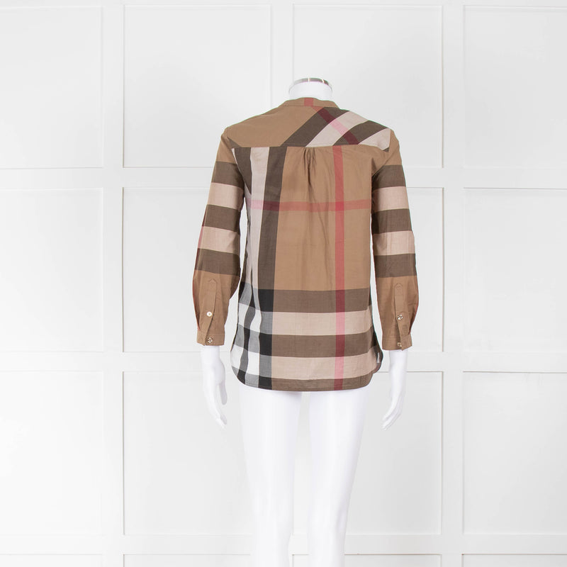 Burberry Brown House Check Gold Button Collarless Top