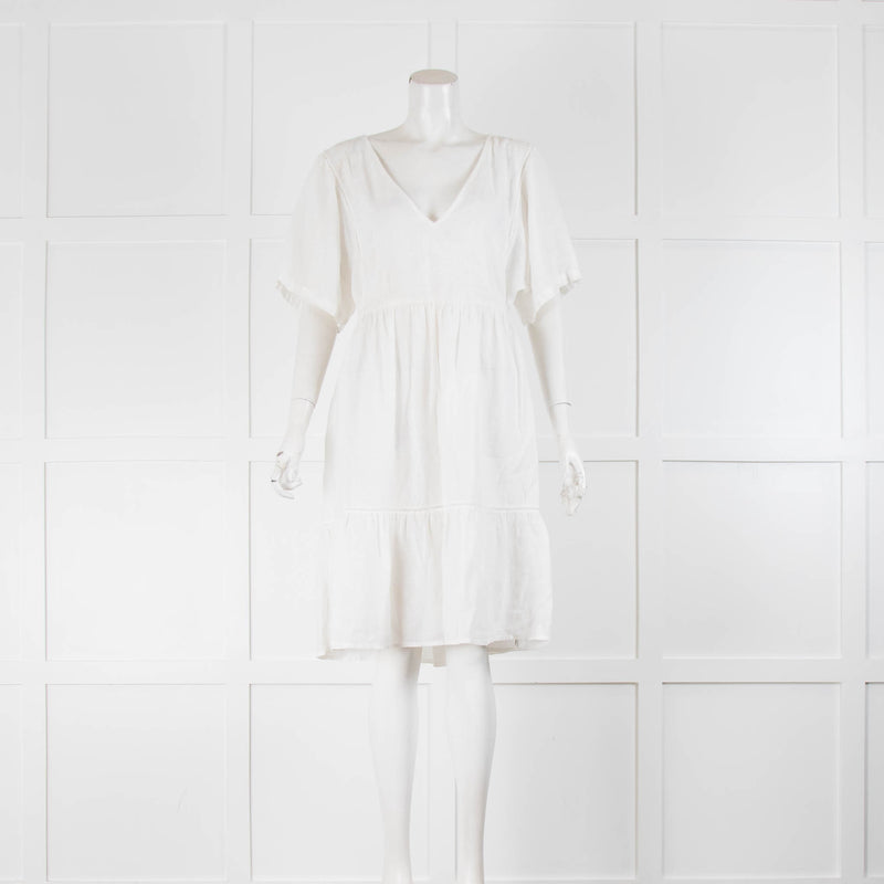 120 Lino White Shimmer Short Sleeve Linen  Mini Dress