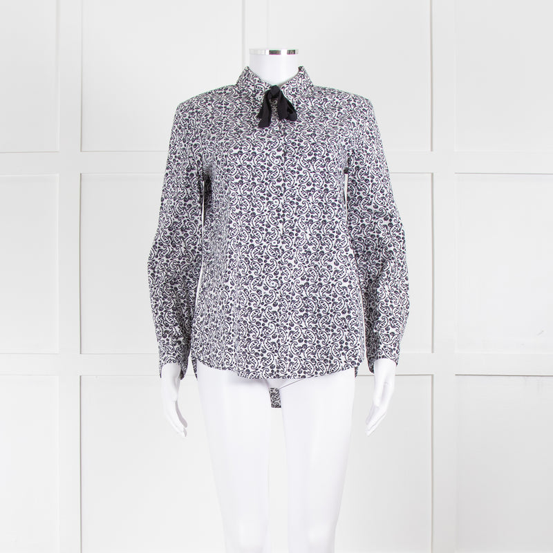 Claudie Pierlot White Navy Floral Print Neck Tie Cotton Shirt