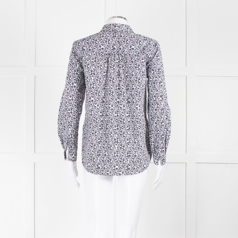 Claudie Pierlot White Navy Floral Print Neck Tie Cotton Shirt