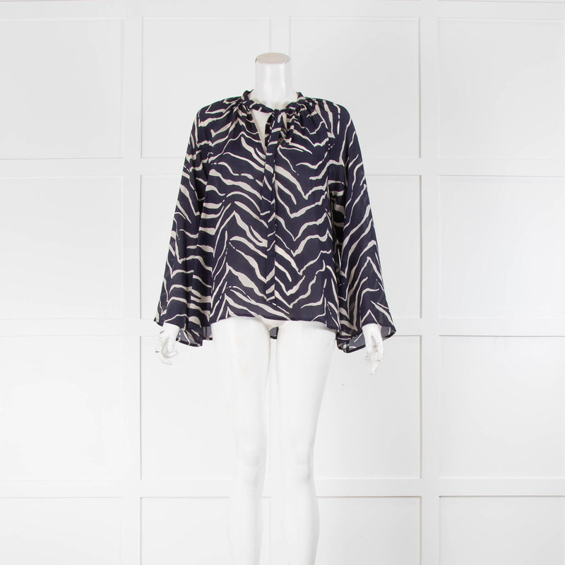 Lily And Lionel Navy Blue Cream Neck Tie Wide Sleeve Blouse