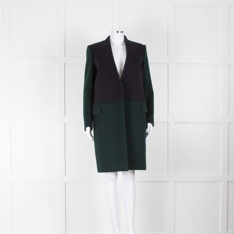 Celine Bottle Green Navy Blue Wool Colour Block Long Coat