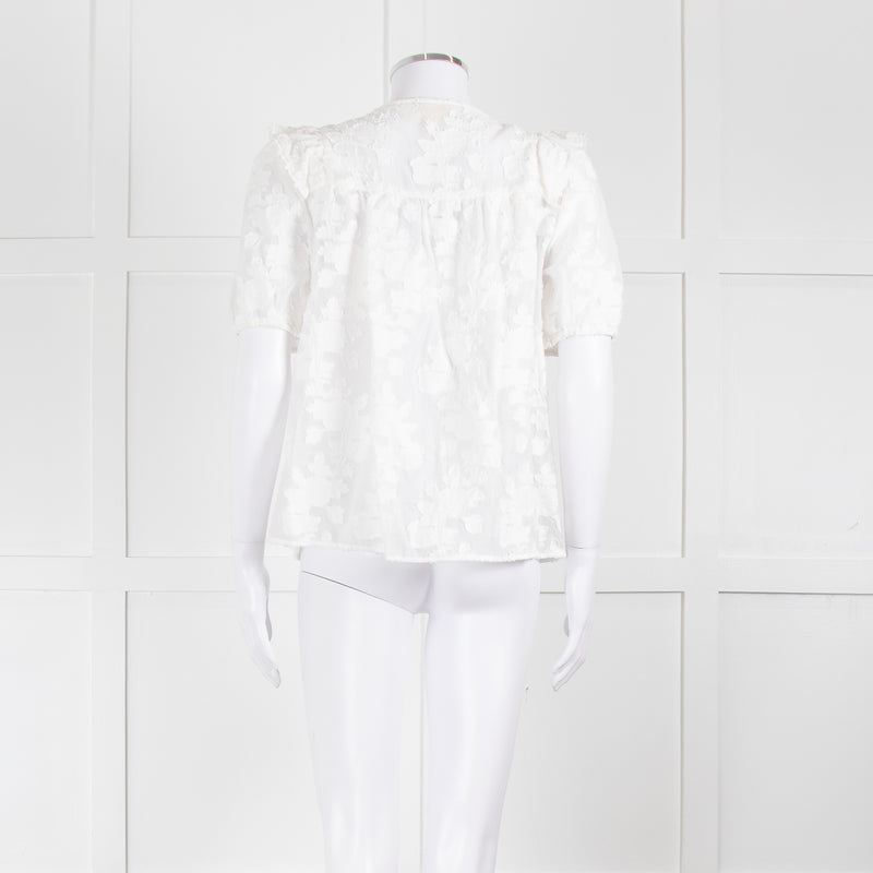 Sezane White Cotton Blend Flower Frill  Short Sleeve Blouse