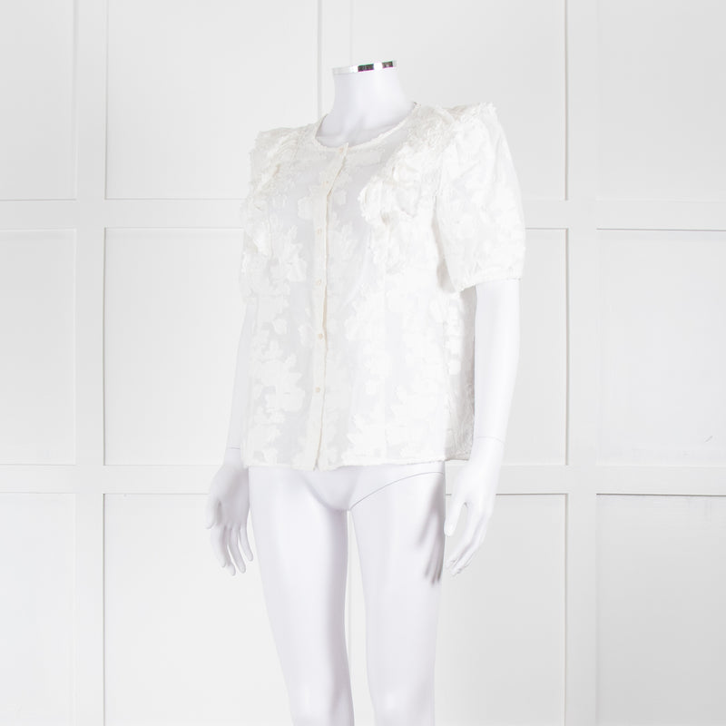 Sezane White Cotton Blend Flower Frill  Short Sleeve Blouse