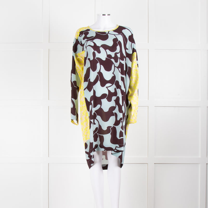 Dries Van Noten Blue Yellow Multi Print Long Sleeve Tunic Dress