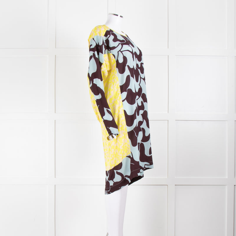 Dries Van Noten Blue Yellow Multi Print Long Sleeve Tunic Dress