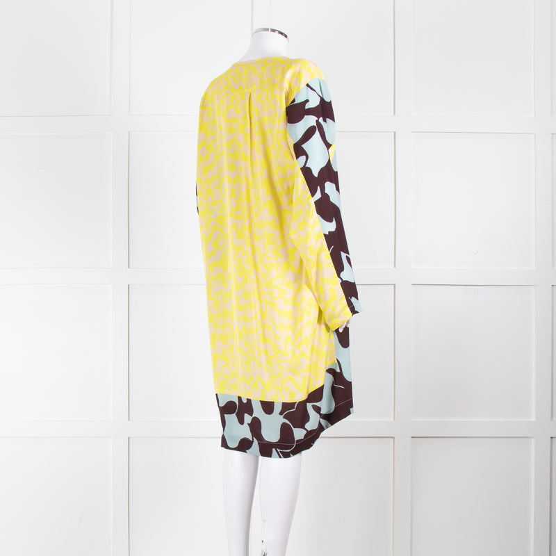 Dries Van Noten Blue Yellow Multi Print Long Sleeve Tunic Dress