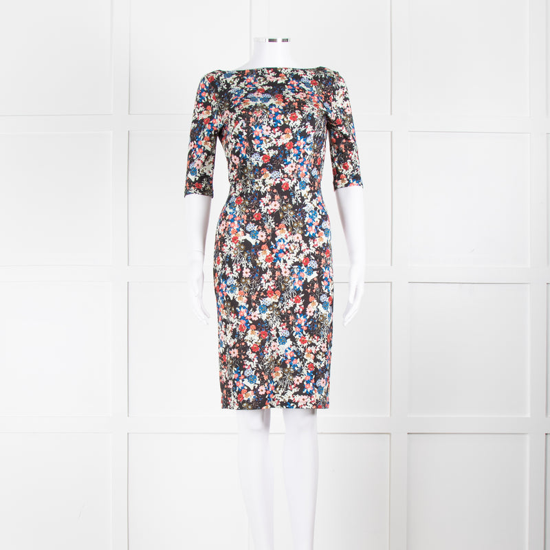 Erdem Black Multi Floral Jersey Back V Dress