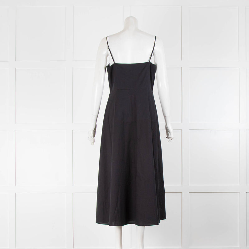Iris & Ink Black Cotton Button Front Thin Strap Dress