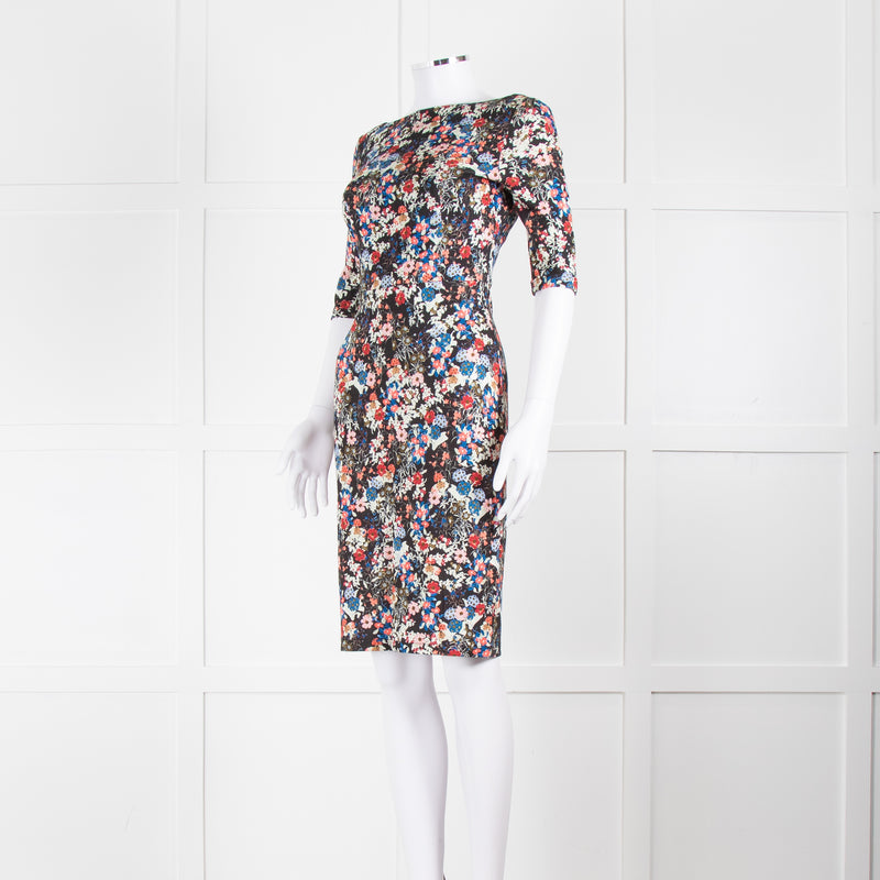 Erdem Black Multi Floral Jersey Back V Dress