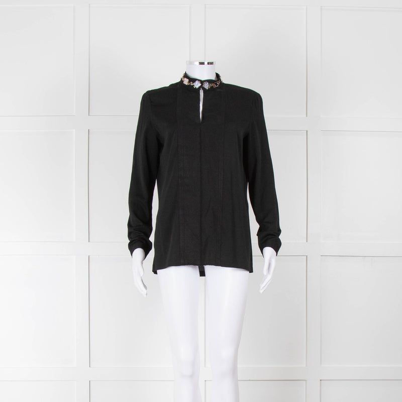 Lanvin Black Long Sleeve Top with Beaded Neckline